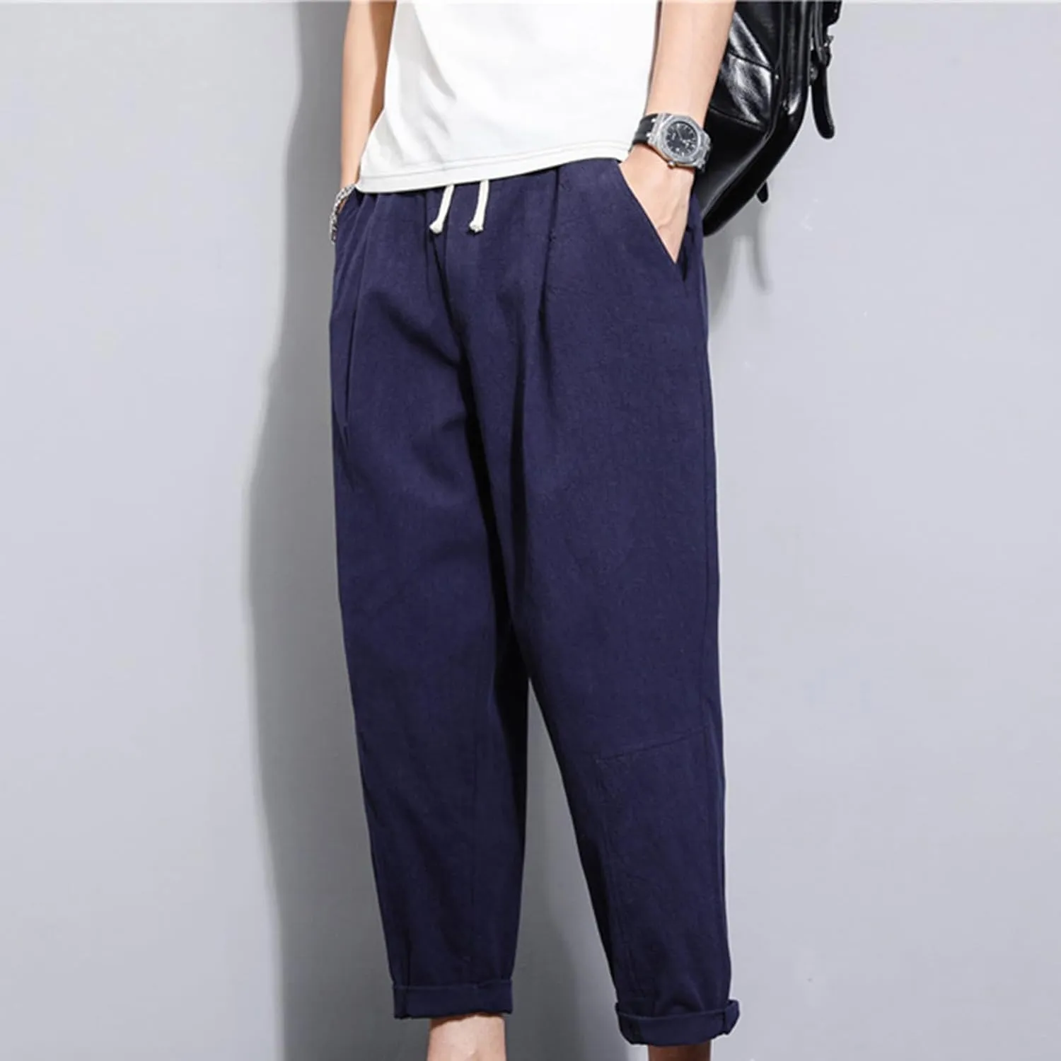 Casual Pants for Mens Linen Pants Drawstring Beach Pants Relaxed-Fit Yoga Pants Soft Elastic Waist Pants