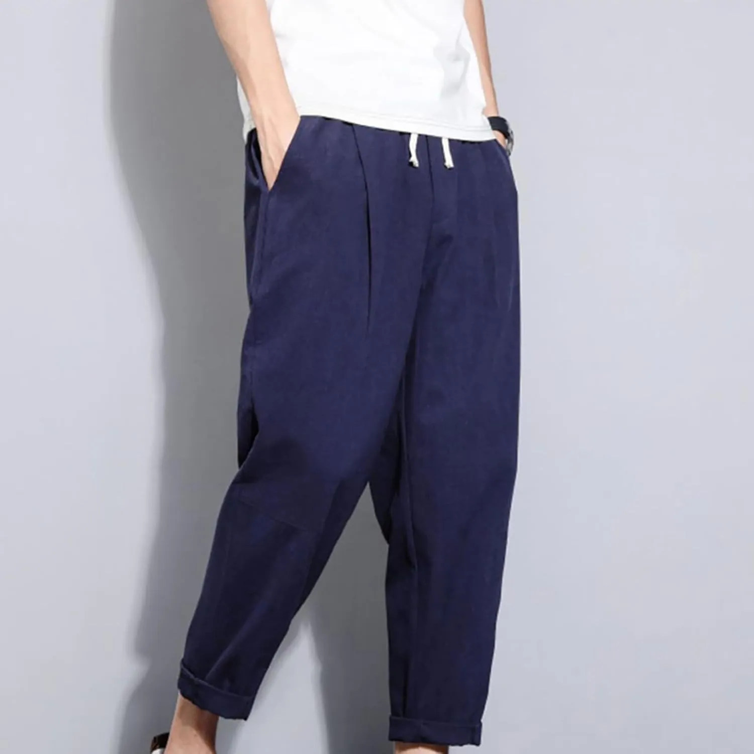 Casual Pants for Mens Linen Pants Drawstring Beach Pants Relaxed-Fit Yoga Pants Soft Elastic Waist Pants