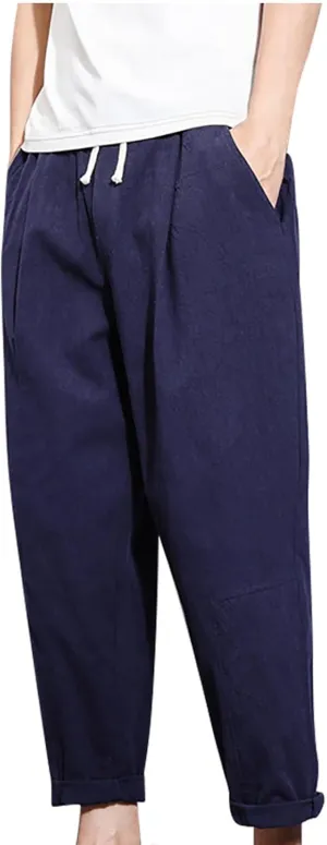 Casual Pants for Mens Linen Pants Drawstring Beach Pants Relaxed-Fit Yoga Pants Soft Elastic Waist Pants