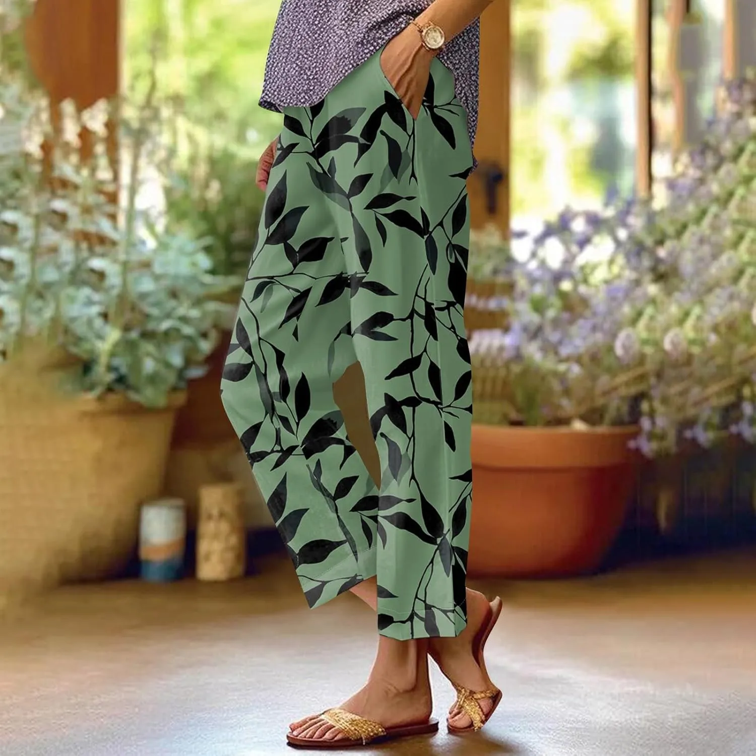 Casual Pants for Women Boho Dressy Loose Fit Casual Bohemian Print Palazzo Wide Leg Flowy Trousers