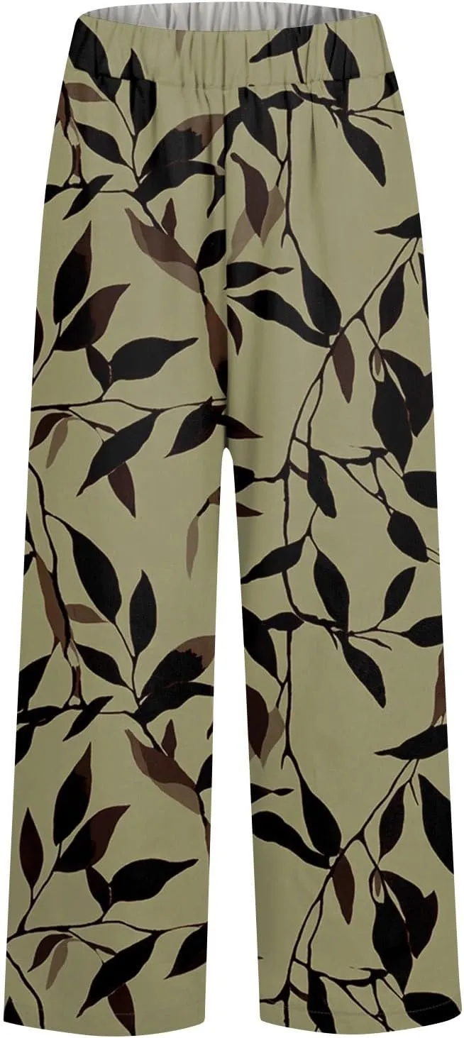 Casual Pants for Women Boho Dressy Loose Fit Casual Bohemian Print Palazzo Wide Leg Flowy Trousers