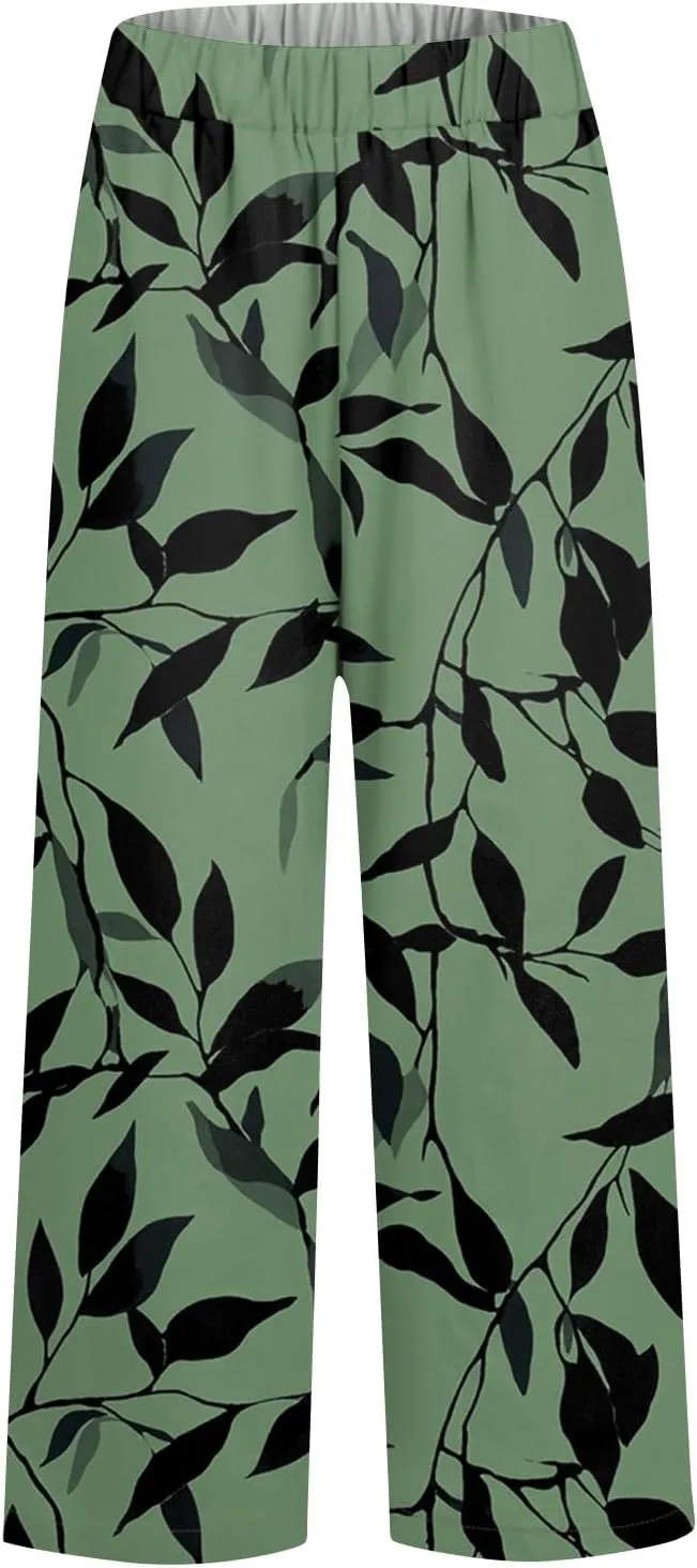 Casual Pants for Women Boho Dressy Loose Fit Casual Bohemian Print Palazzo Wide Leg Flowy Trousers