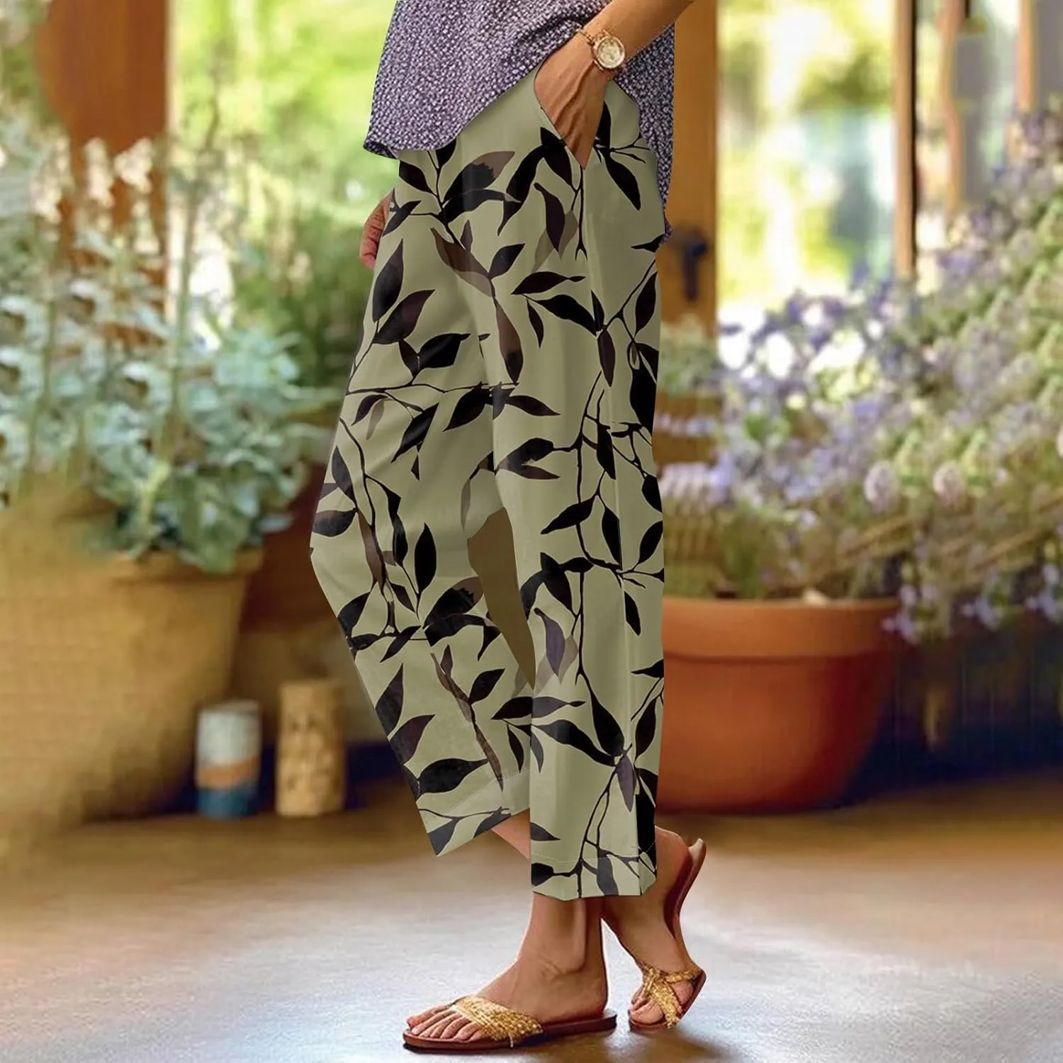 Casual Pants for Women Boho Dressy Loose Fit Casual Bohemian Print Palazzo Wide Leg Flowy Trousers