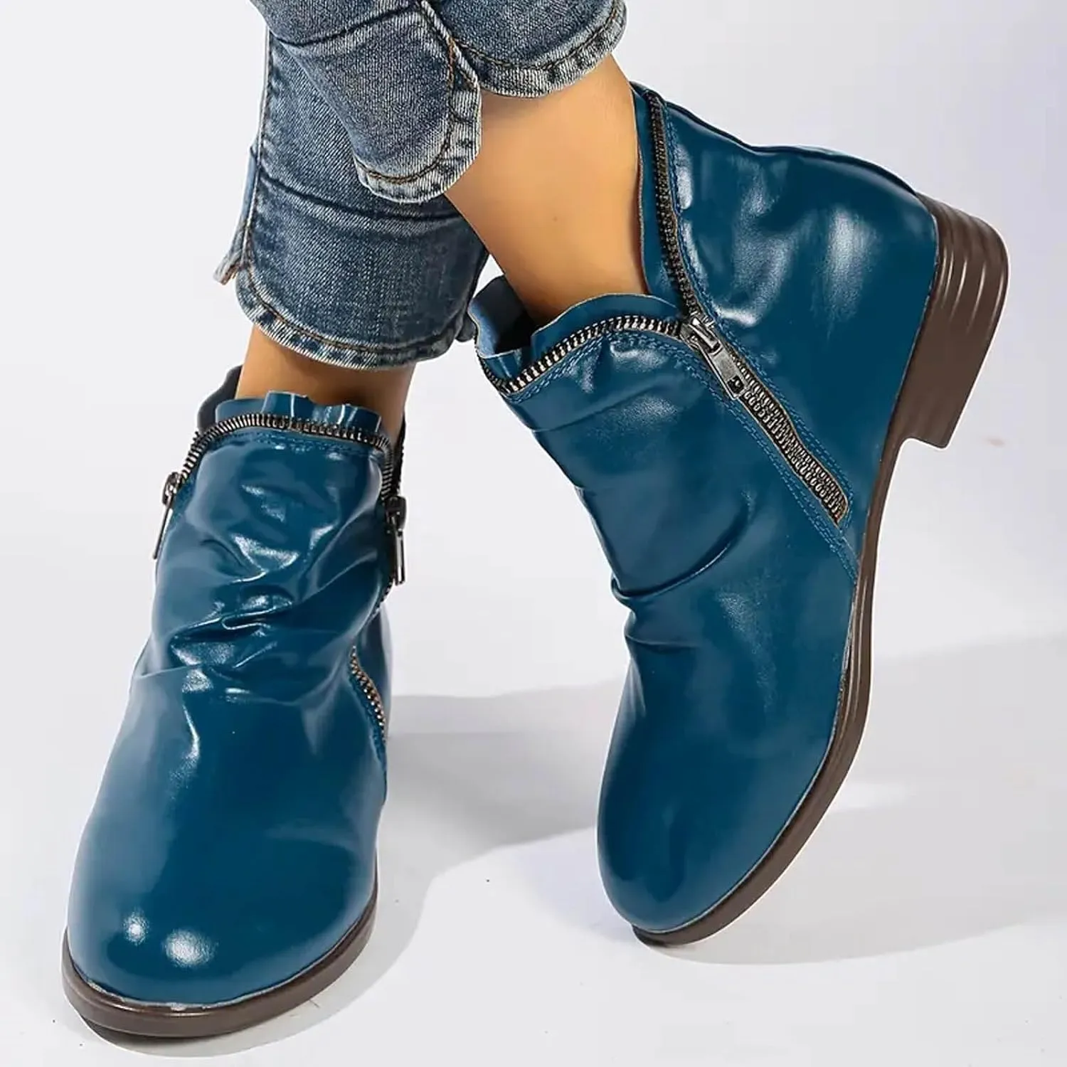 Cathalem Ankle Boots for Women Low Heel Booties Arch Support Boots Lace Up Side Zipper Short Ankle Booties Casual Fall Shoes