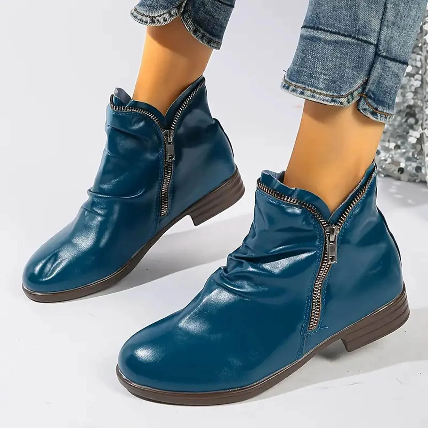Cathalem Ankle Boots for Women Low Heel Booties Arch Support Boots Lace Up Side Zipper Short Ankle Booties Casual Fall Shoes