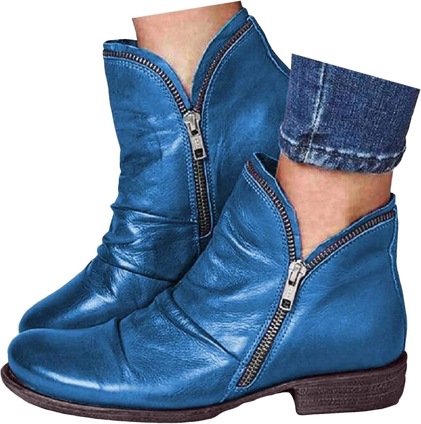 Cathalem Ankle Boots for Women Low Heel Booties Arch Support Boots Lace Up Side Zipper Short Ankle Booties Casual Fall Shoes