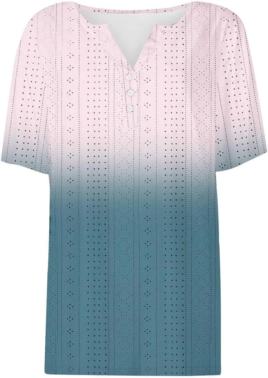 Ceboyel Women Gradient Color Summer Shirts Dressy Causal Eyelet Tops 2024 Henley Blouses Tunic Trendy Vacation Clothing