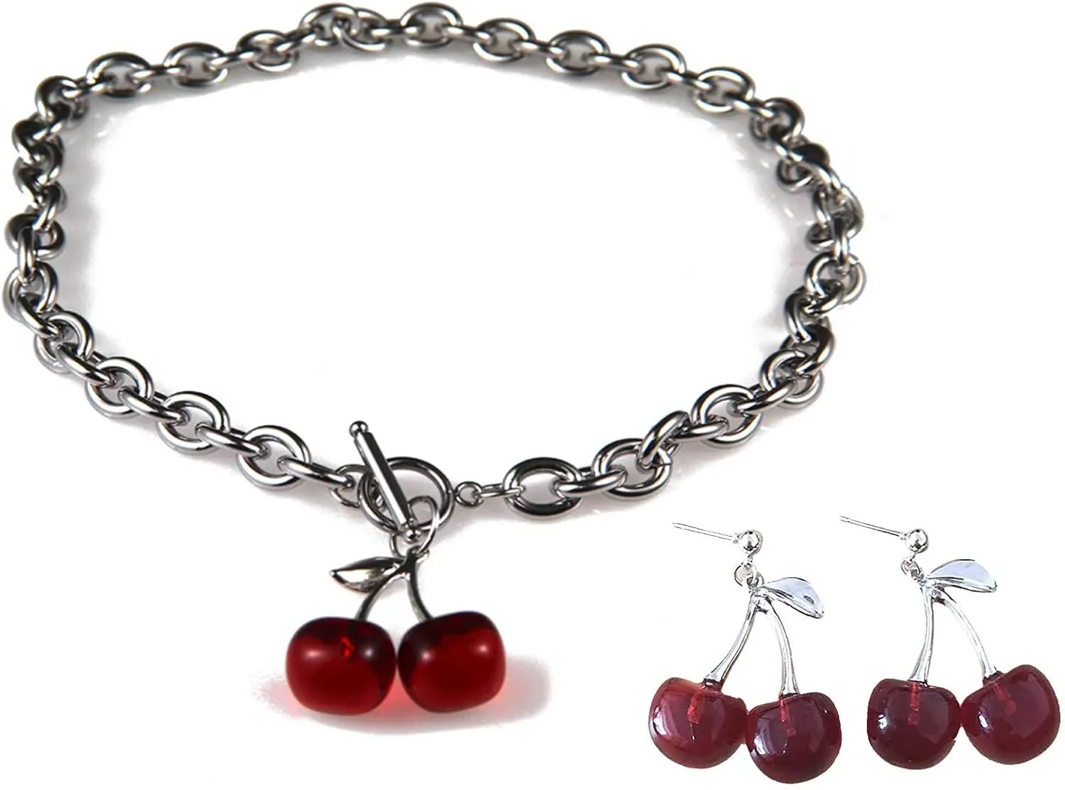 Cherry Harajuku Necklace Bracelets Set Red Dark Cherries Shaped Pendants Chain Necklaces Earring Geometric Ot Buckle Punk Gothic Chocker Red Chockers for Women Daughters
