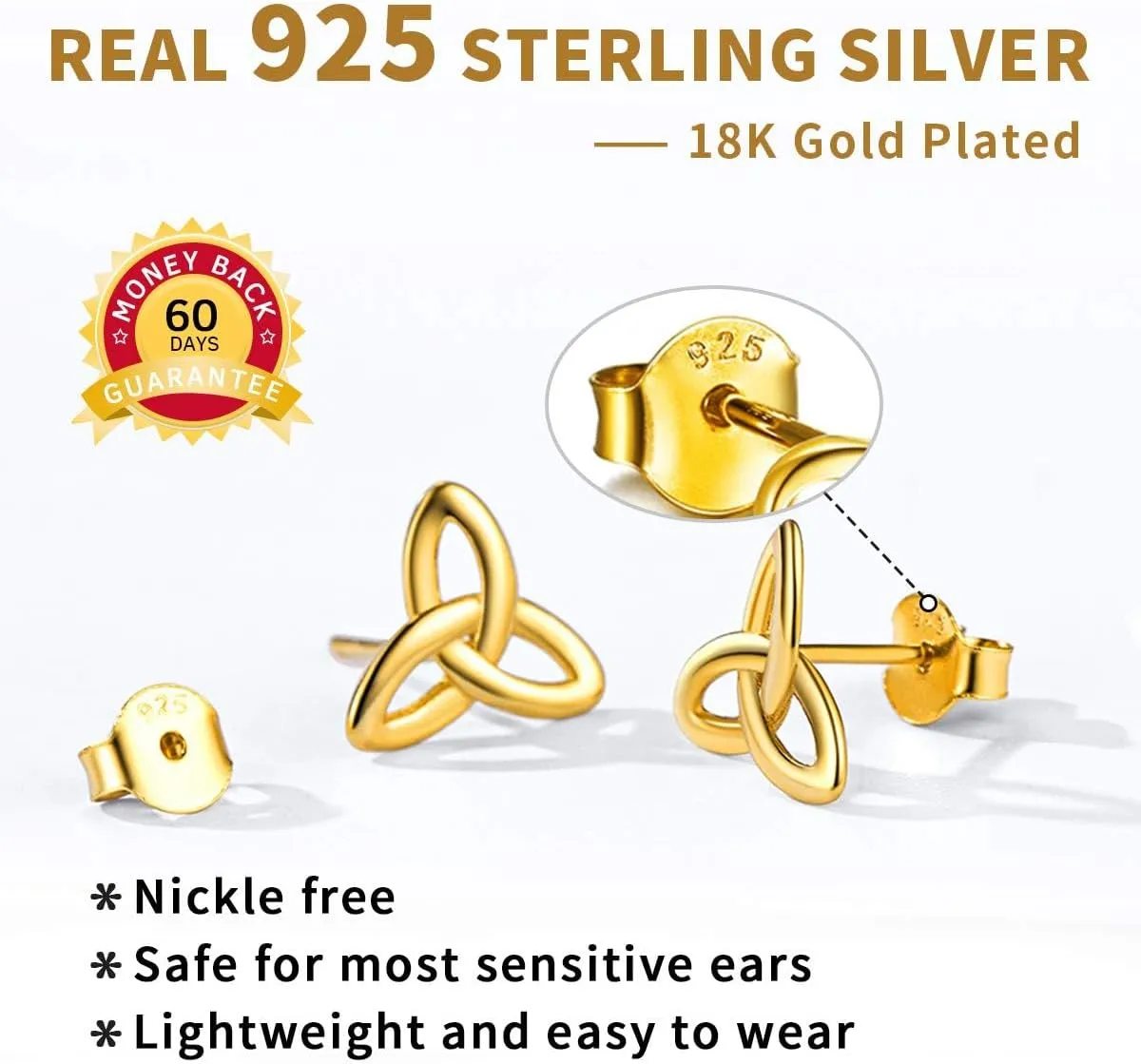 ChicSilver Celtic Knot Stud Earrings Hypoallergenic 925 Sterling Silver Heart/Triangle Knot Earring Studs Celtic Jewelry for Women, Silver/Gold/Rose Gold