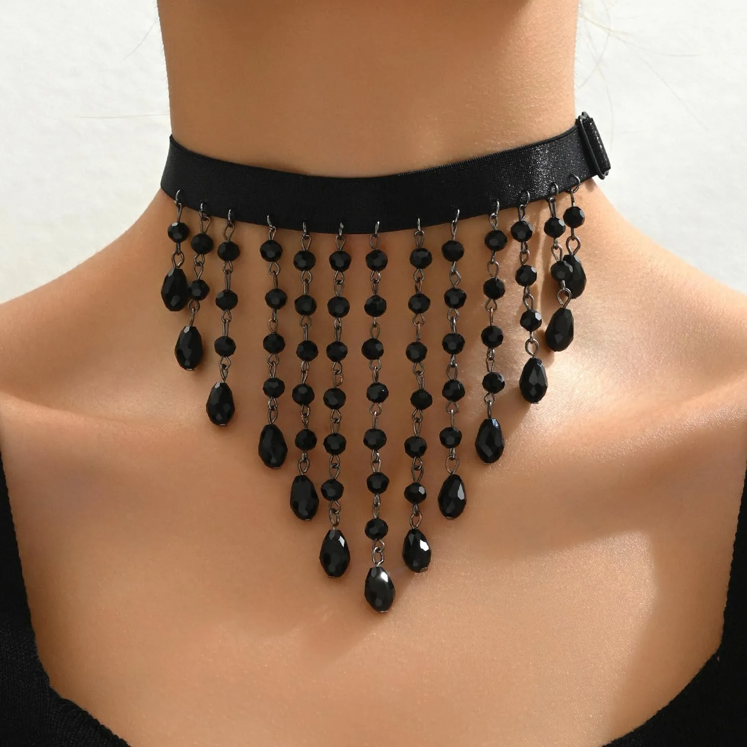 Choker Necklaces for Women Black Tassel Collar with Pearl Pendant O Ring Retro Chain Jewelry Gothic Teardrop Necklace