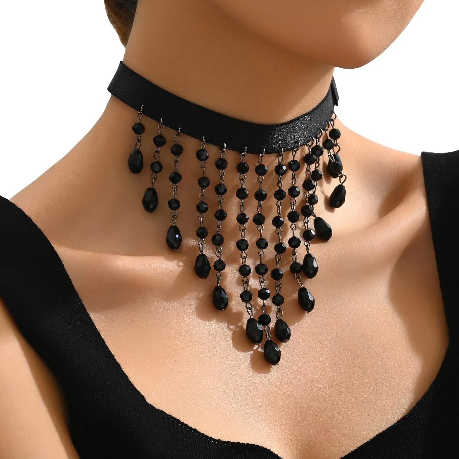 Choker Necklaces for Women Black Tassel Collar with Pearl Pendant O Ring Retro Chain Jewelry Gothic Teardrop Necklace