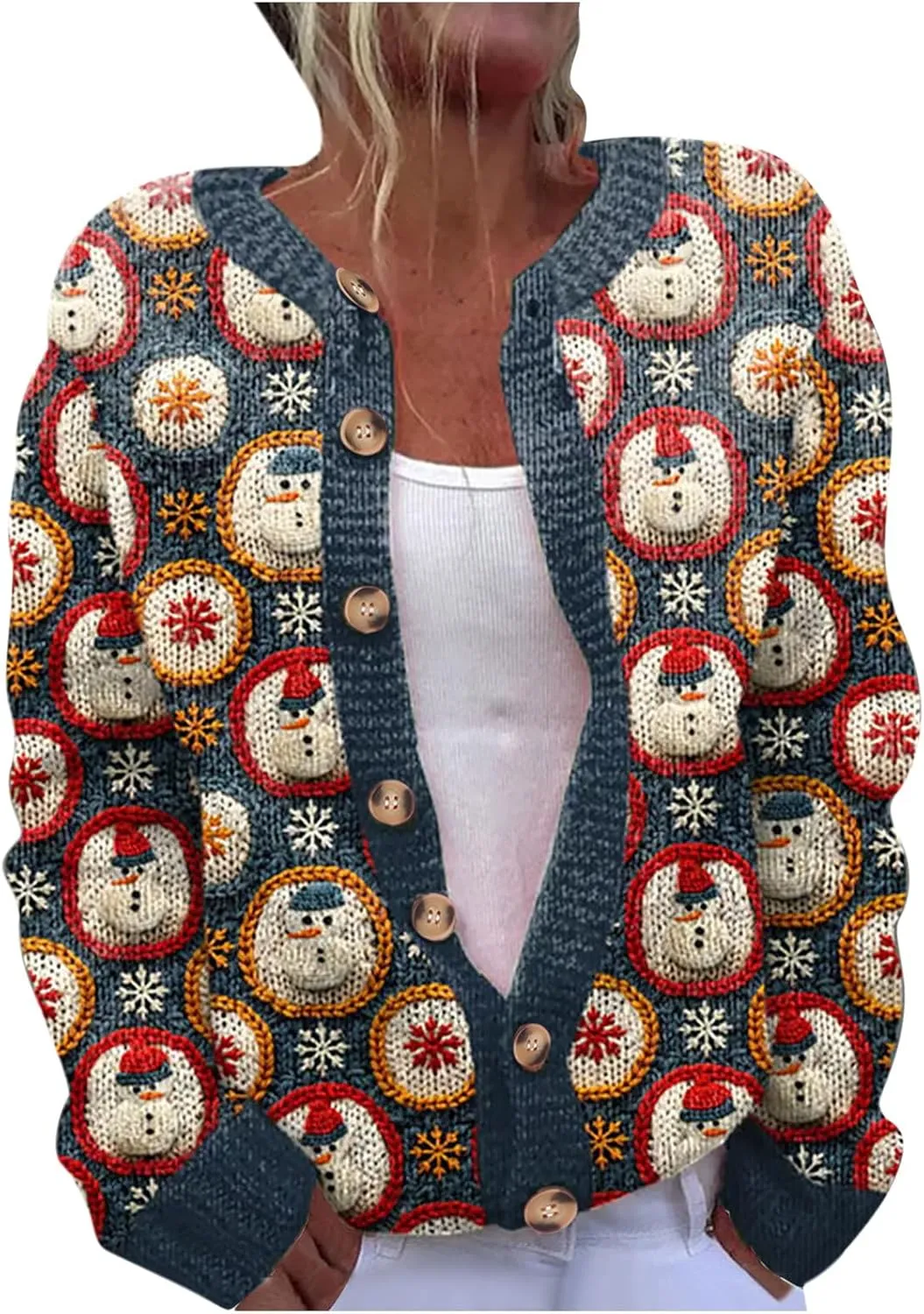 Christmas Sweaters for Women Ugly Funny Xmas Tree Print Button Up Cardigans Fall Winter Vintage Knitted Outerwear Coat