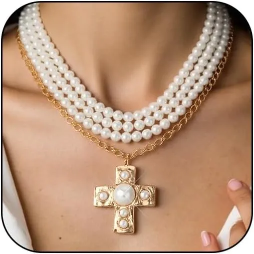Chunky Gold Big Pearl Cross Pendant Necklaces Stack for Women Silver Statement Layered Large Fake White Pearls Drop Choker Necklace Y2k Jewelry Trendy