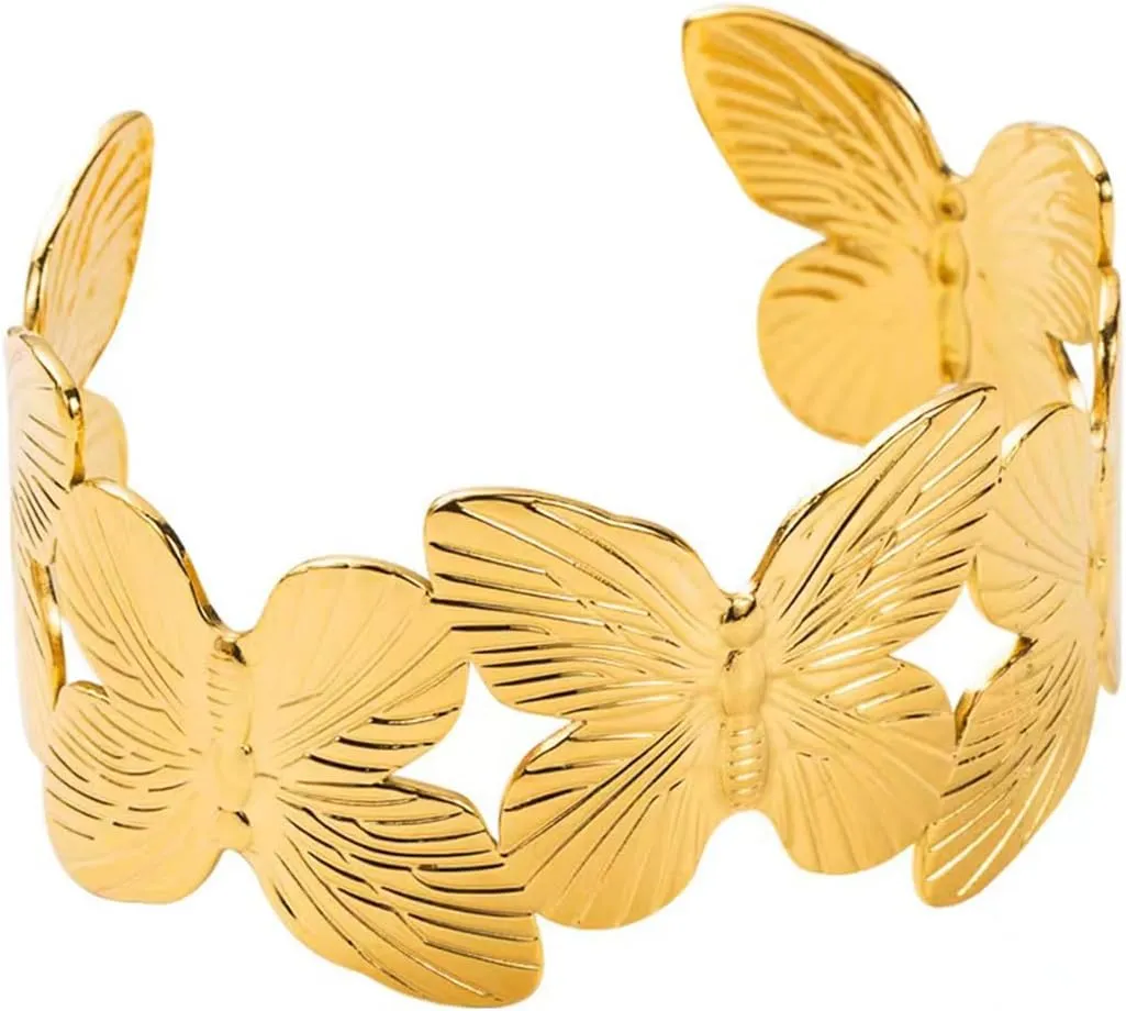 Chunky Gold Cuff Bracelets for Women Vintage Gold Butterfly Bracelet Open Wide Hammered Wrist Cuff Bangles Gold Statement Bracelet