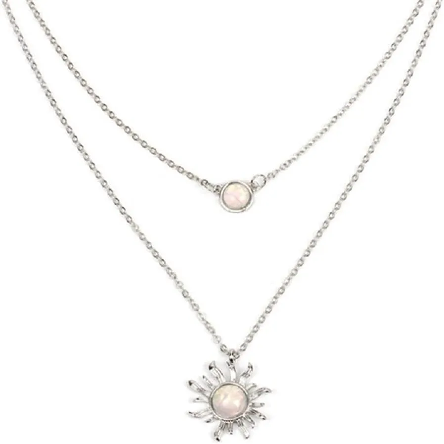 COLORFUL BLING 2 Layer Double Chains Moon and Sun Layered Choker Necklace Sunflower Opal Pendant Necklace Gift for Women Girls