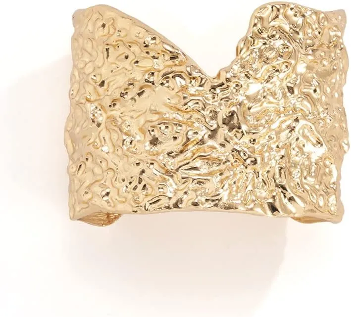 COLORFUL BLING Chunky Gold Silver Open Wide Hammered Wrist Cuff Bangle Adjustable Hollow Leaf Flower Wrap Bracelet for Women Statement Wristband Jewelry-gold grooved