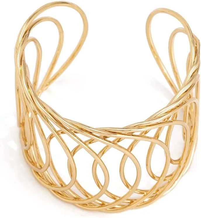 COLORFUL BLING Chunky Gold Silver Open Wide Hammered Wrist Cuff Bangle Adjustable Hollow Leaf Flower Wrap Bracelet for Women Statement Wristband Jewelry-gold hollow big