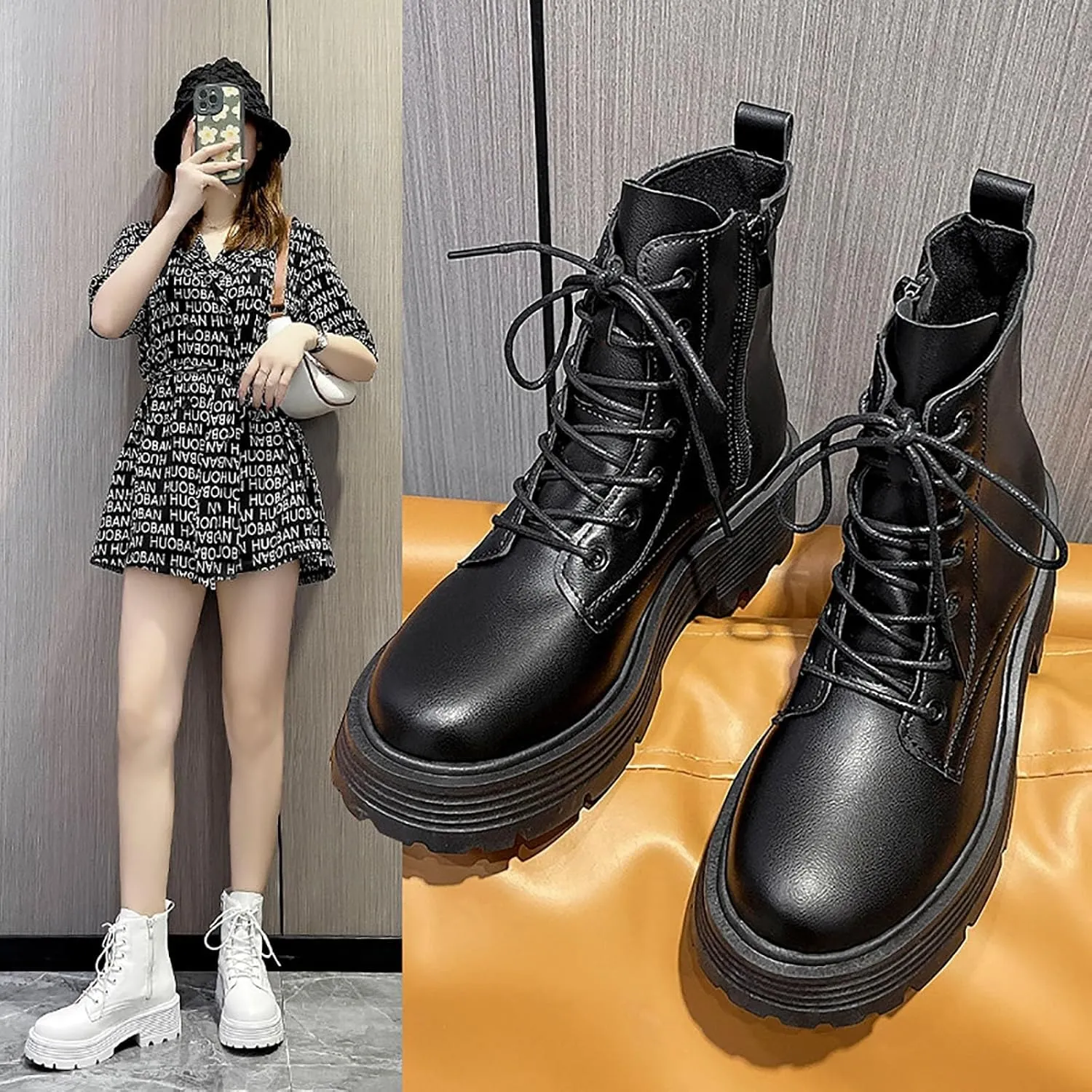 Combat Boots for Women Platform Boots Womens Fashion Thick Sole Mid Short Sleeve Boots Plush Warm Outdoor Boots Comfy