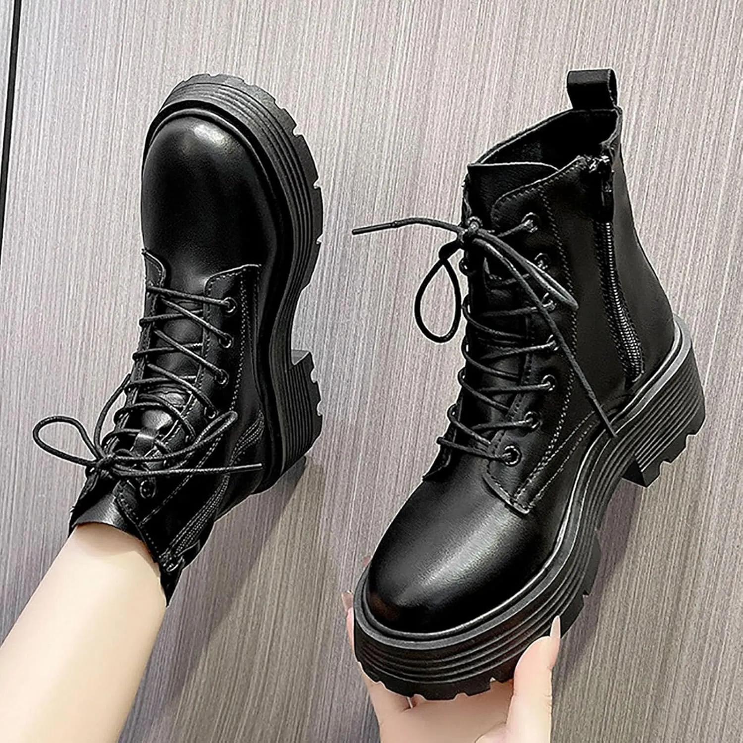 Combat Boots for Women Platform Boots Womens Fashion Thick Sole Mid Short Sleeve Boots Plush Warm Outdoor Boots Comfy