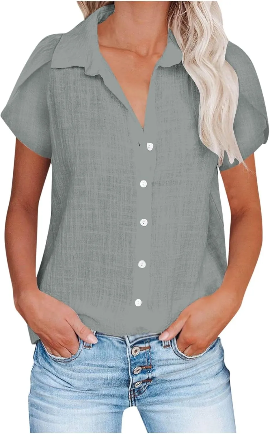 Cotton Linen Shirts for Women 2025 Buttons V Neck Short Sleeve Tops Summer Trendy Blouses Casual Loose Tunic Clothes