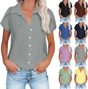 Cotton Linen Shirts for Women 2025 Buttons V Neck Short Sleeve Tops Summer Trendy Blouses Casual Loose Tunic Clothes