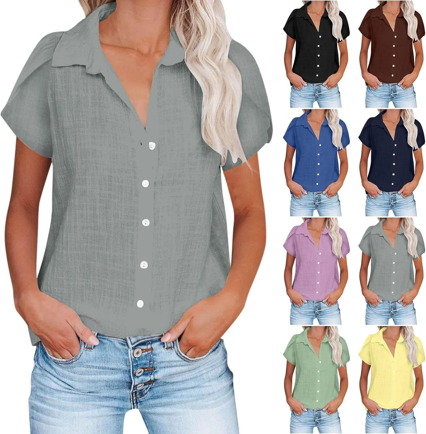 Cotton Linen Shirts for Women 2025 Buttons V Neck Short Sleeve Tops Summer Trendy Blouses Casual Loose Tunic Clothes