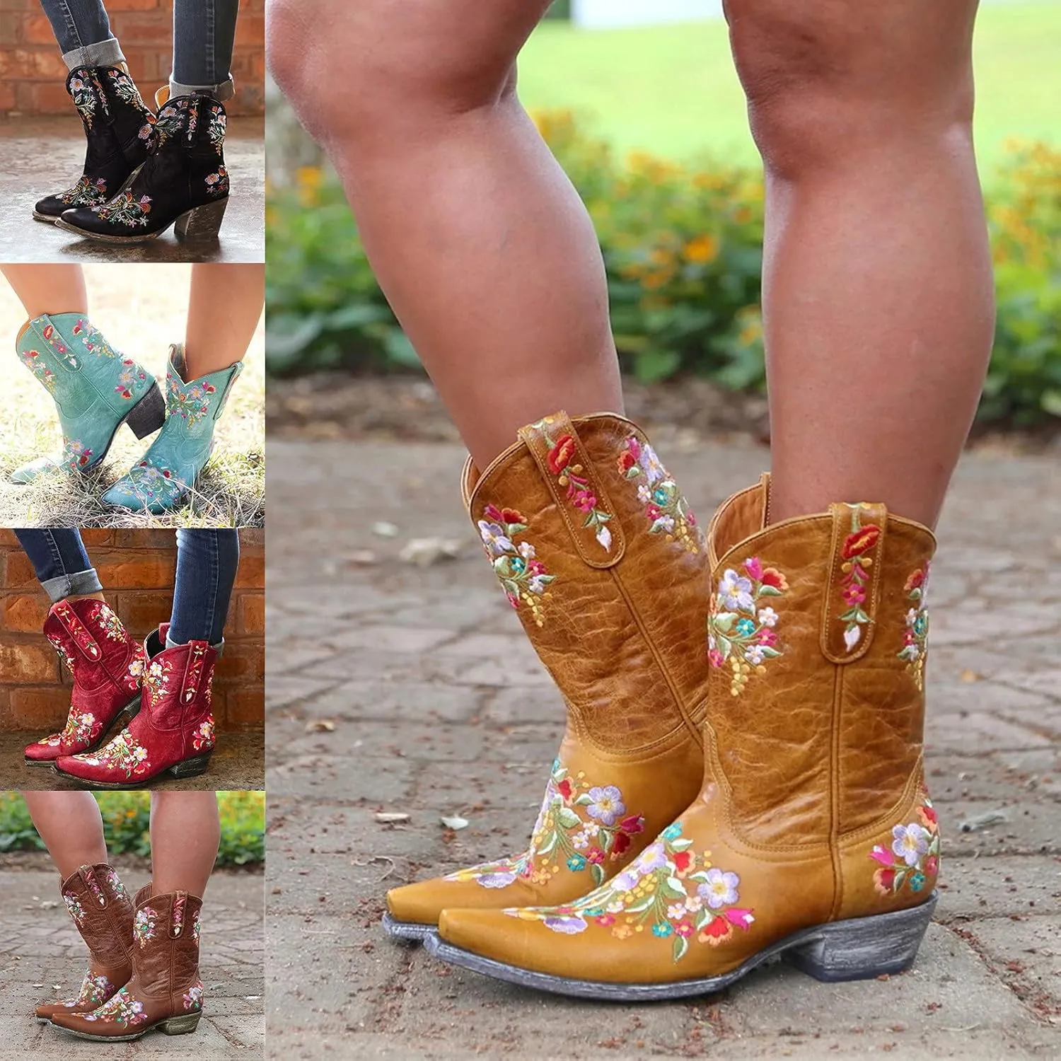 Cowboy Boots for Women Cowgirl Boots Western Fashion Stitched Embroidered Chunky Heels Slip on Black Cowgirl Boots