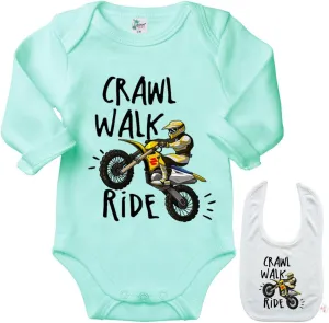 Crawl Walk Ride -Cute Motorcycle Shirt Newborn Baby Bodysuit Outfit Onesie & Bib