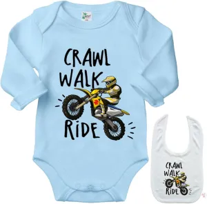 Crawl Walk Ride -Cute Motorcycle Shirt Newborn Baby Bodysuit Outfit Onesie & Bib