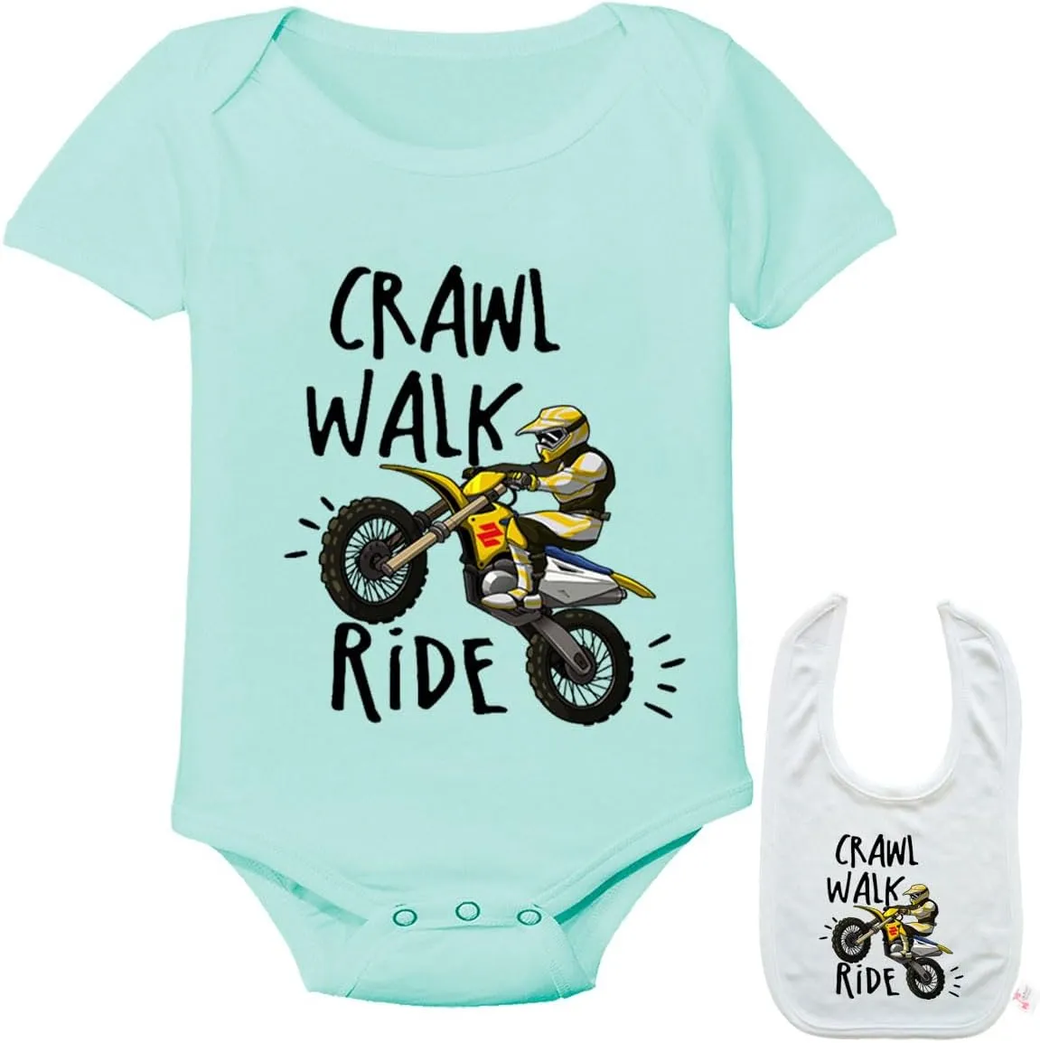 Crawl Walk Ride -Cute Motorcycle Shirt Newborn Baby Bodysuit Outfit Onesie & Bib
