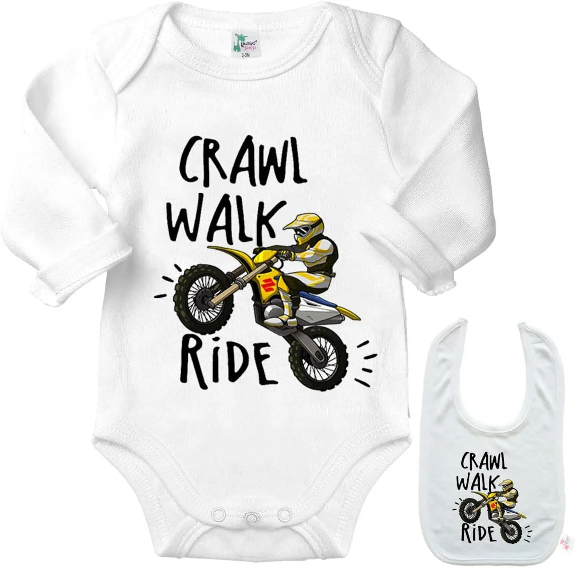 Crawl Walk Ride -Cute Motorcycle Shirt Newborn Baby Bodysuit Outfit Onesie & Bib