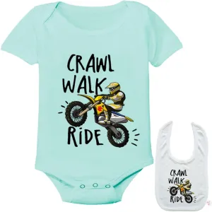 Crawl Walk Ride -Cute Motorcycle Shirt Newborn Baby Bodysuit Outfit Onesie & Bib