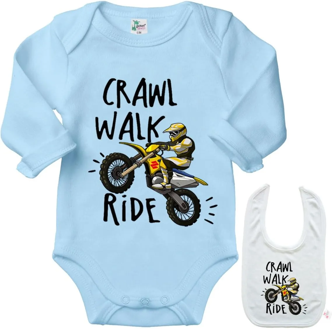 Crawl Walk Ride -Cute Motorcycle Shirt Newborn Baby Bodysuit Outfit Onesie & Bib