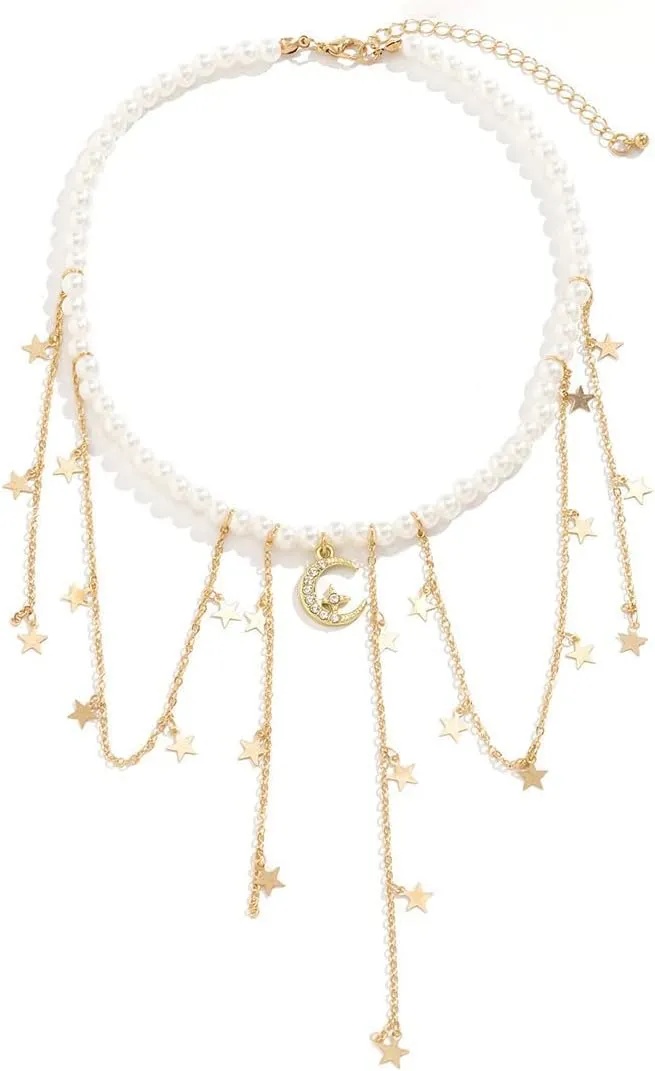 Crystal Moon Star Tassel Necklaces.Imitation Pearl Chain Choker Necklaces Fashion Jewelry Accessories for Women Gifts