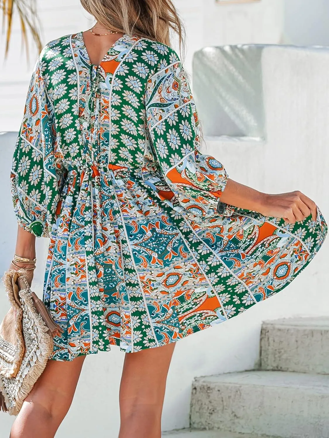 CUPSHE Women Casual Boho Sundress Summer Floral Print Tie Front Dress 3/4 Sleeves Paisley Beach Mini Dresses