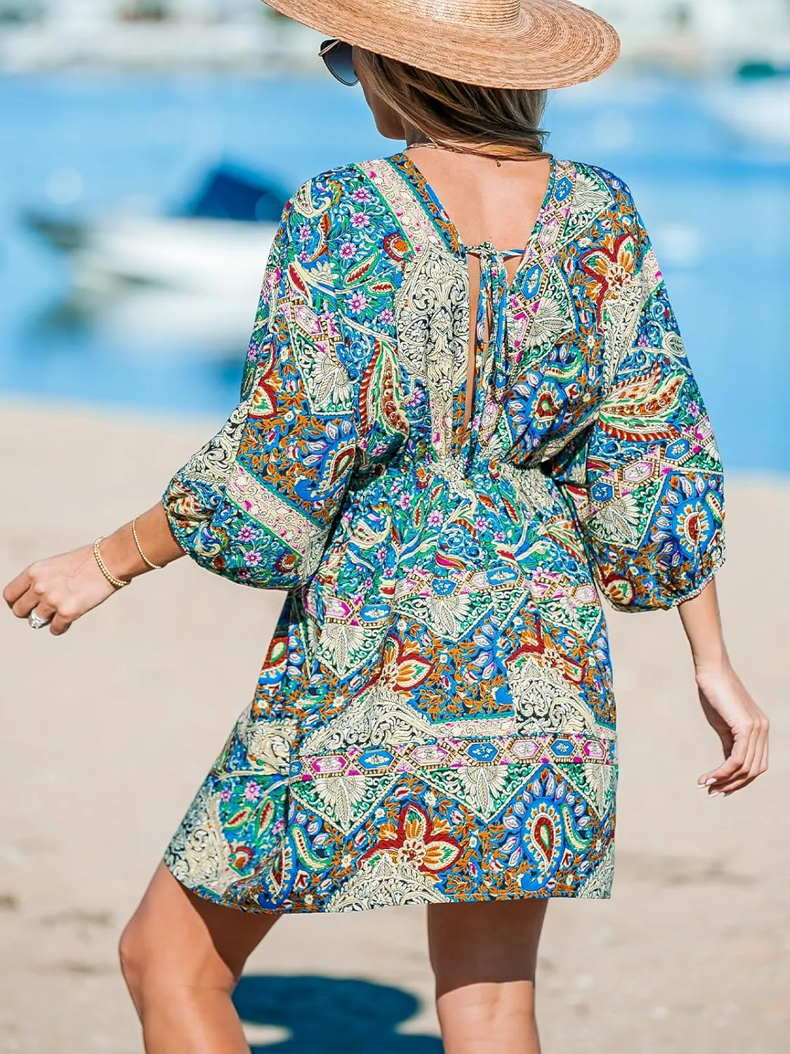 CUPSHE Women Casual Boho Sundress Summer Floral Print Tie Front Dress 3/4 Sleeves Paisley Beach Mini Dresses