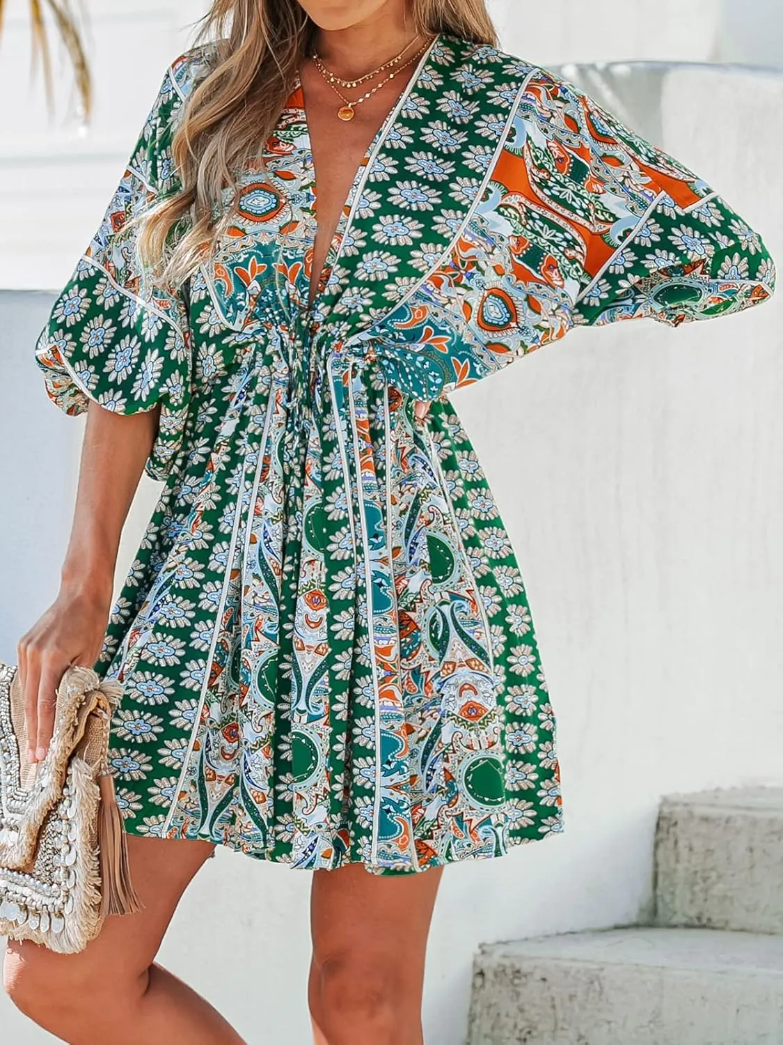 CUPSHE Women Casual Boho Sundress Summer Floral Print Tie Front Dress 3/4 Sleeves Paisley Beach Mini Dresses