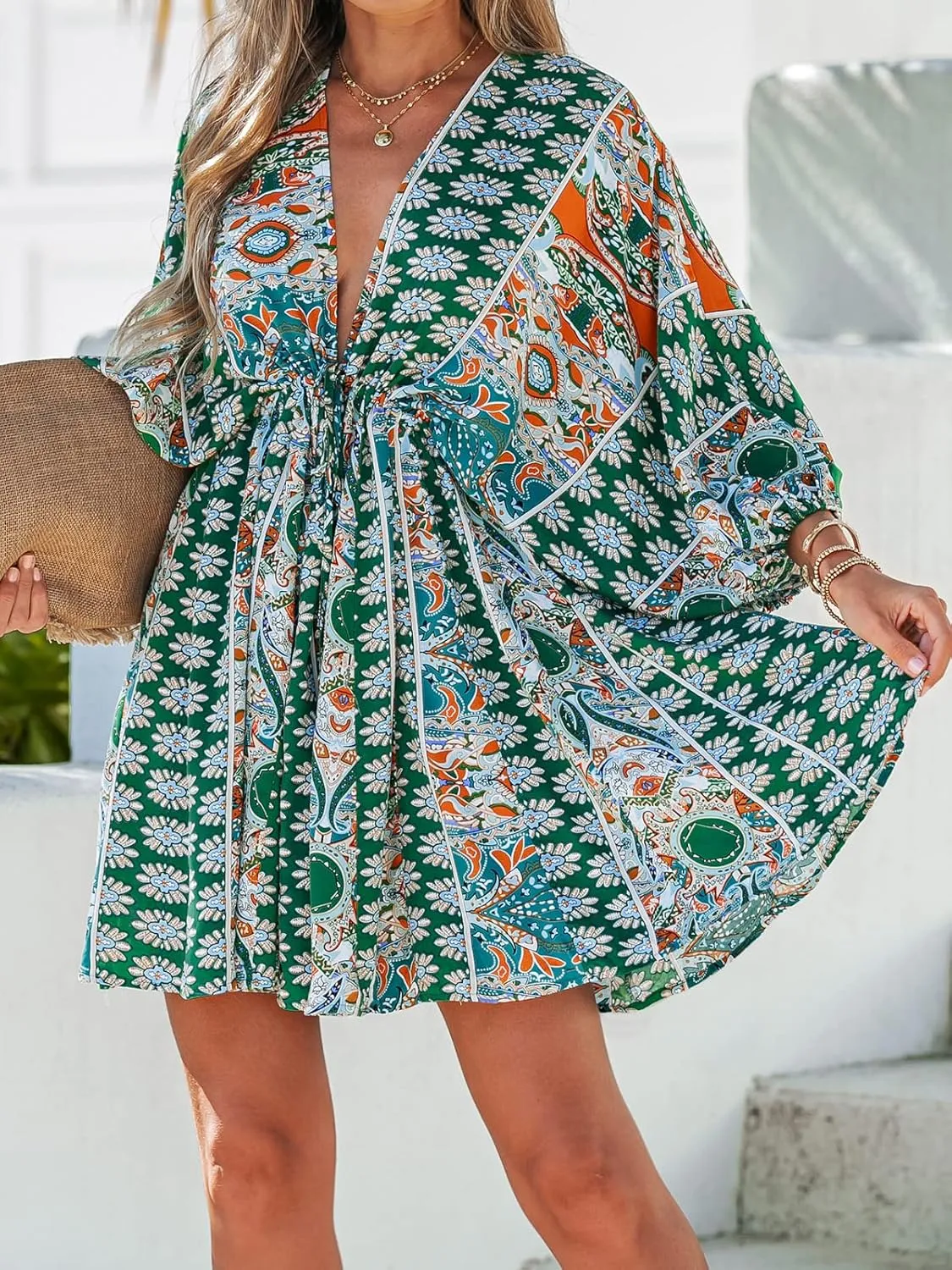 CUPSHE Women Casual Boho Sundress Summer Floral Print Tie Front Dress 3/4 Sleeves Paisley Beach Mini Dresses