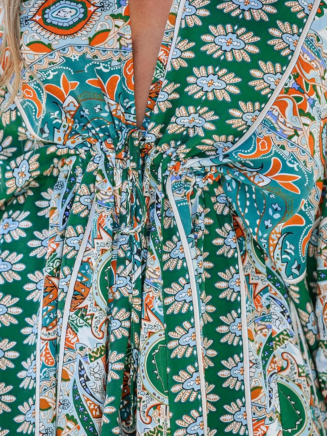 CUPSHE Women Casual Boho Sundress Summer Floral Print Tie Front Dress 3/4 Sleeves Paisley Beach Mini Dresses
