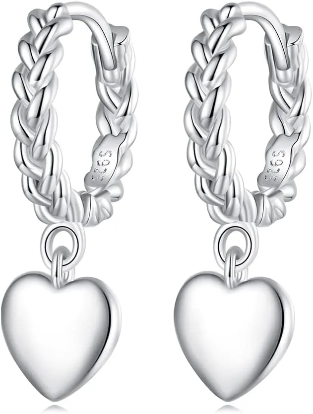 Cute Heart Dangle Hoop Earrings 925 Sterling Silver for Women Love Hearts Drop Cartilage Small Huggie Hoops Earring Piercing Cuffs Fashion Jewelry Gifts