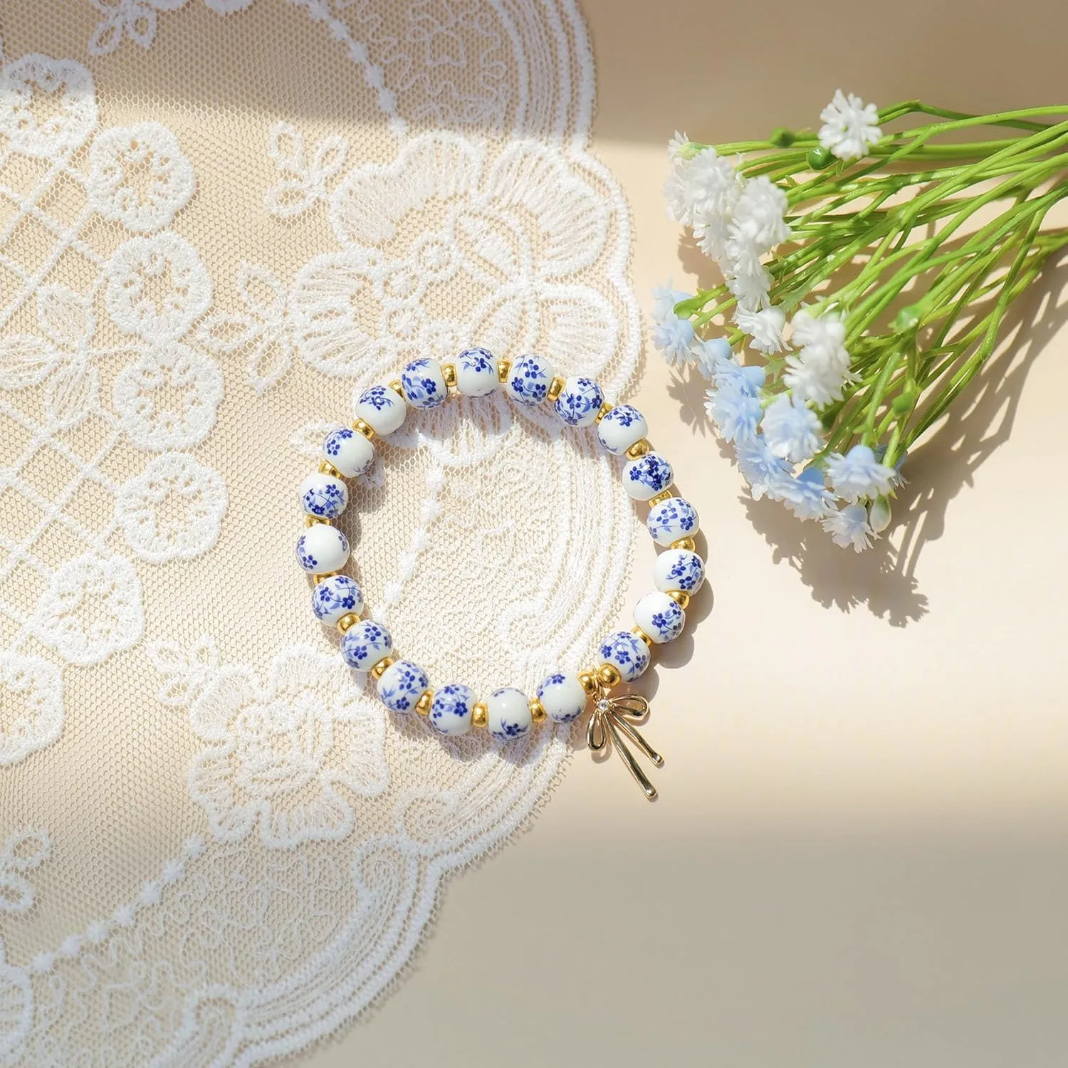 Dainty Bow Bracelets for Women Blue Flower Jewelry Set Handmade Gold Beaded Choker Vintage Jewelry Gifts