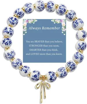 Dainty Bow Bracelets for Women Blue Flower Jewelry Set Handmade Gold Beaded Choker Vintage Jewelry Gifts