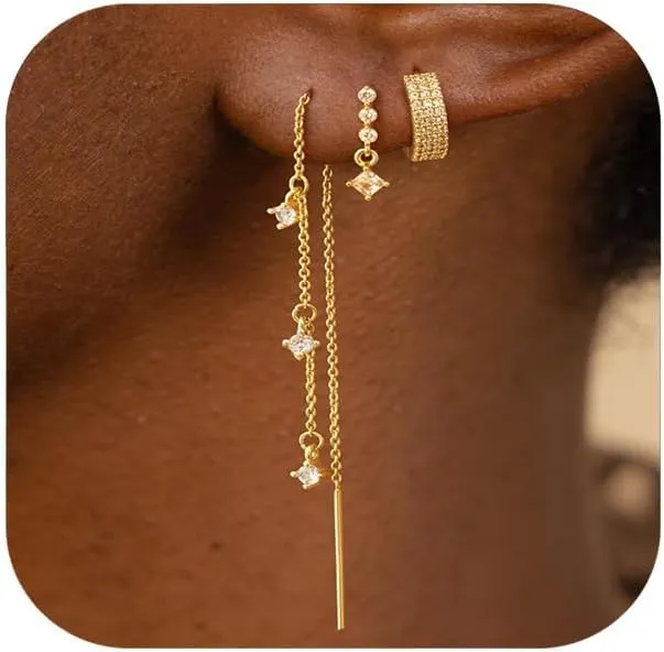 Dainty Gold Chain Earrings for Women  14K Gold Plated Hypoallergenic Long Dangle Earrings Set with Cubic Zirconia, Stackable Hoop & Stud Jewelry (3 PCS)