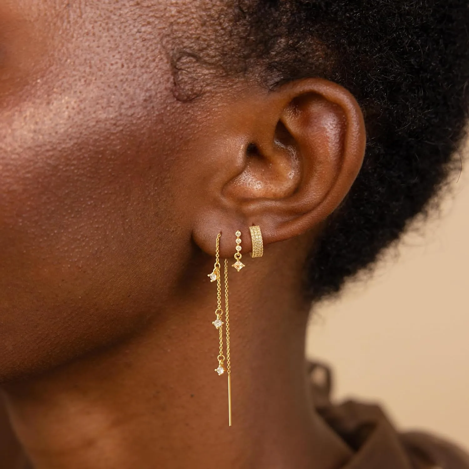 Dainty Gold Chain Earrings for Women  14K Gold Plated Hypoallergenic Long Dangle Earrings Set with Cubic Zirconia, Stackable Hoop & Stud Jewelry (3 PCS)