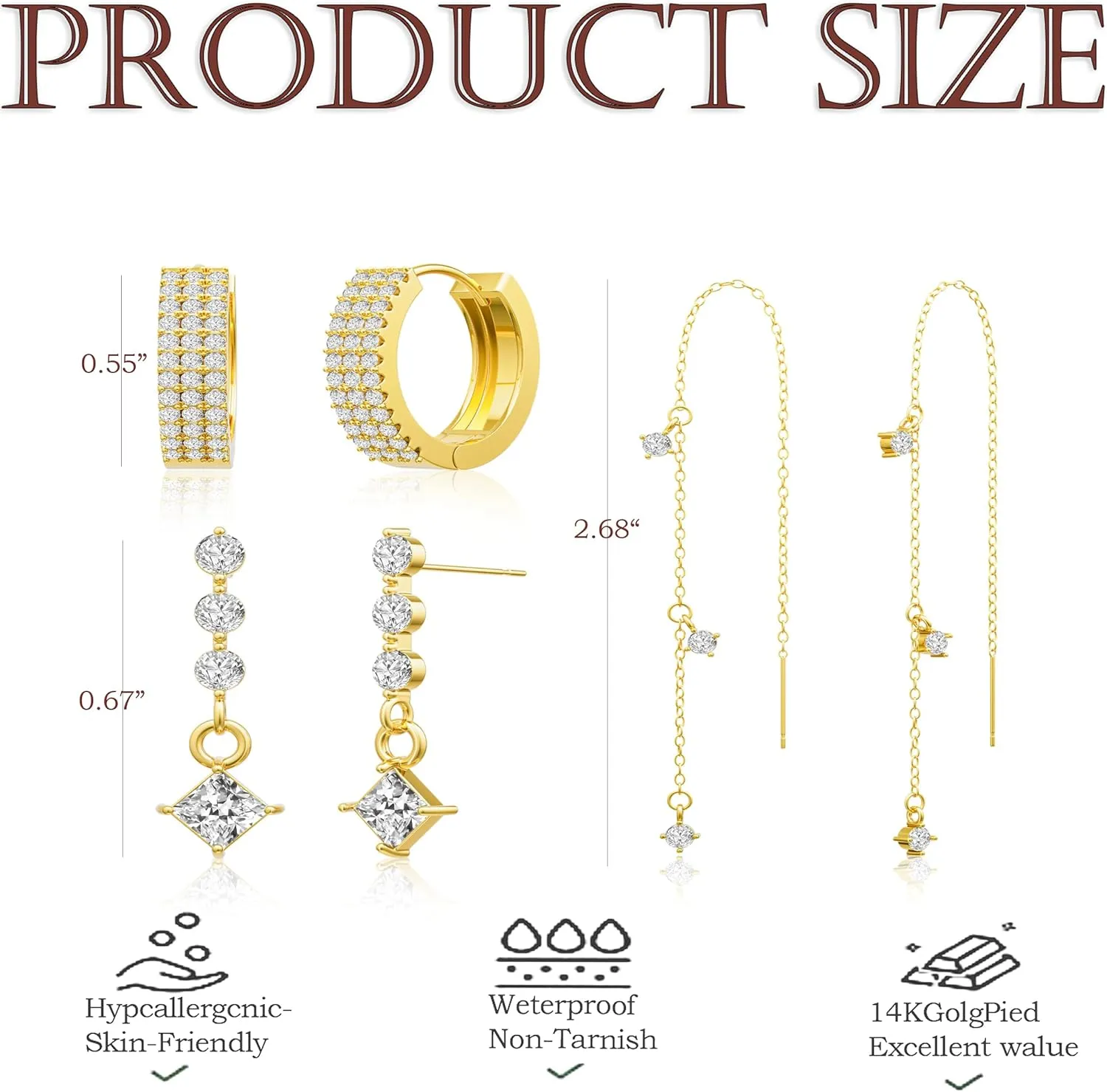 Dainty Gold Chain Earrings for Women  14K Gold Plated Hypoallergenic Long Dangle Earrings Set with Cubic Zirconia, Stackable Hoop & Stud Jewelry (3 PCS)