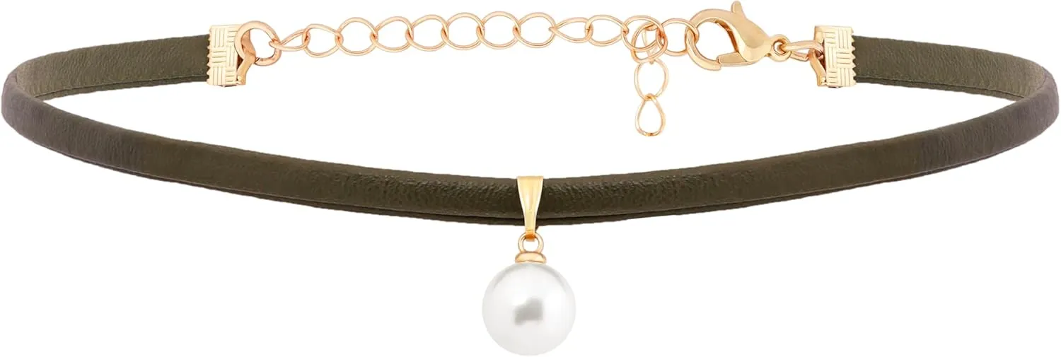 Dark Green Dainty Faux Leather Chain Imitation Pearl Drop Choker Necklace Jewelry for Women, Simple Green Chokers Necklaces Accessories Romantic Gifts for Women Trendy Stuff