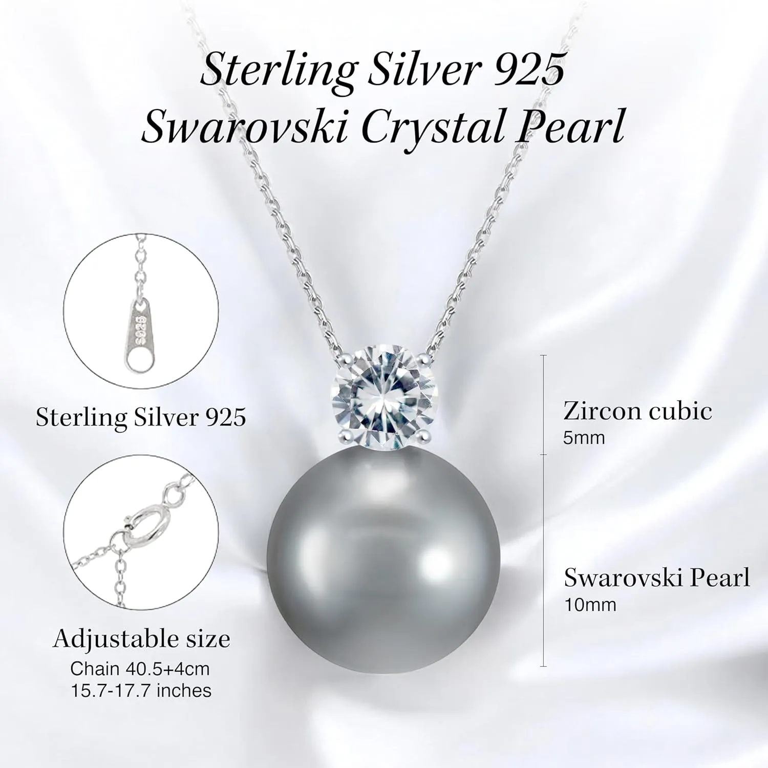 Dianie Pearl Earrings and Necklace made with Crystal Pearls Sterling silver 925 chain with Cubic Zirconia 5mm White and Grey Pearl 10mm Gift for Wedding Bridal Birthday