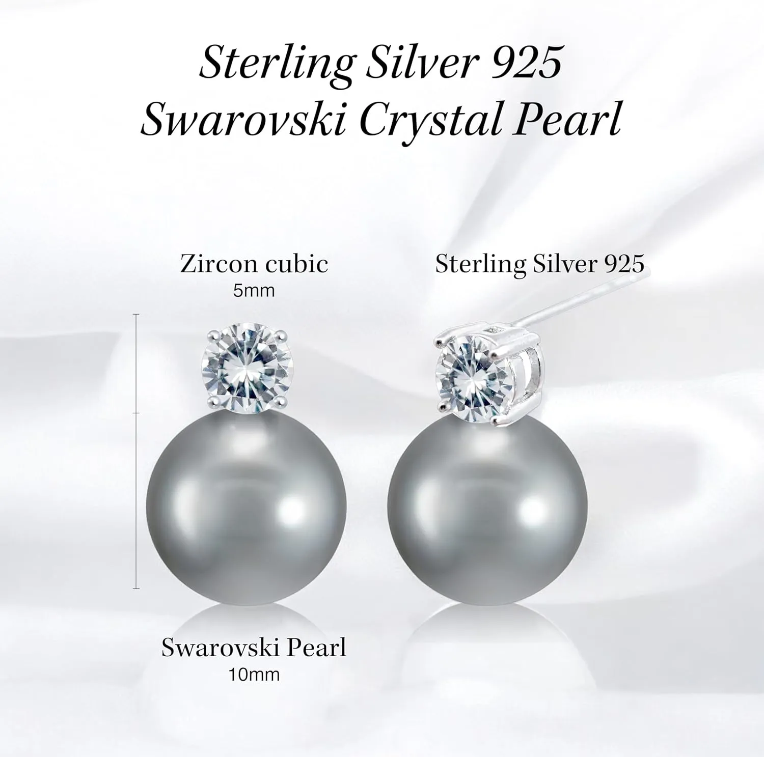 Dianie Pearl Earrings and Necklace made with Crystal Pearls Sterling silver 925 chain with Cubic Zirconia 5mm White and Grey Pearl 10mm Gift for Wedding Bridal Birthday
