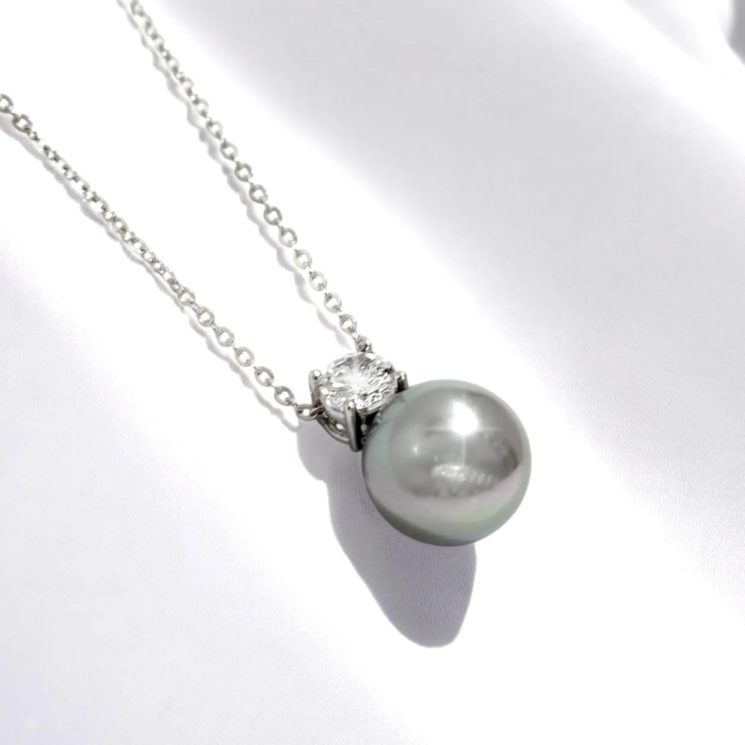 Dianie Pearl Earrings and Necklace made with Crystal Pearls Sterling silver 925 chain with Cubic Zirconia 5mm White and Grey Pearl 10mm Gift for Wedding Bridal Birthday