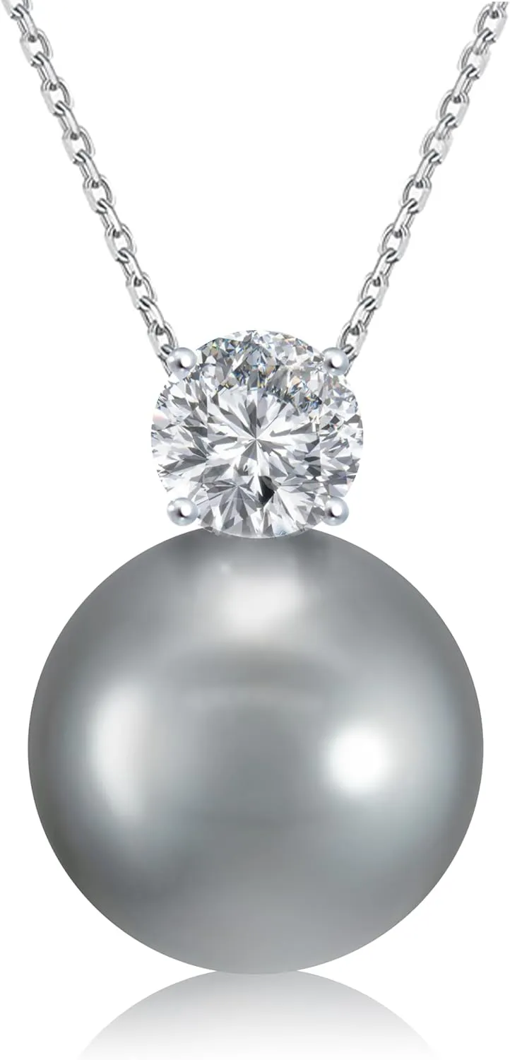 Dianie Pearl Earrings and Necklace made with Crystal Pearls Sterling silver 925 chain with Cubic Zirconia 5mm White and Grey Pearl 10mm Gift for Wedding Bridal Birthday